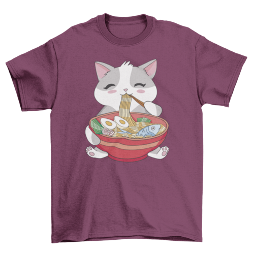 Purple t-shirt with a cartoon cat eating ramen design on a white background