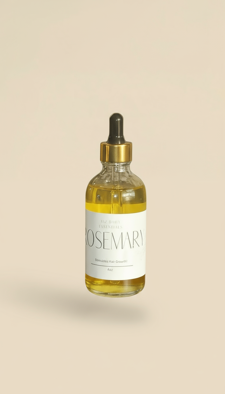 one bottle of Rosenkval Rosemary hair oil in front of a tan background.