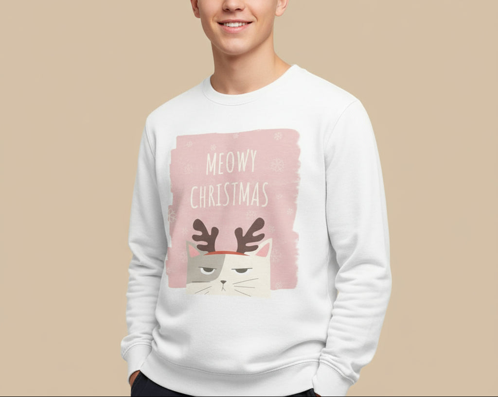 model wearing white sweatshirt with 'Meowy Christmas' design featuring a cat with reindeer antlers on a pink background.