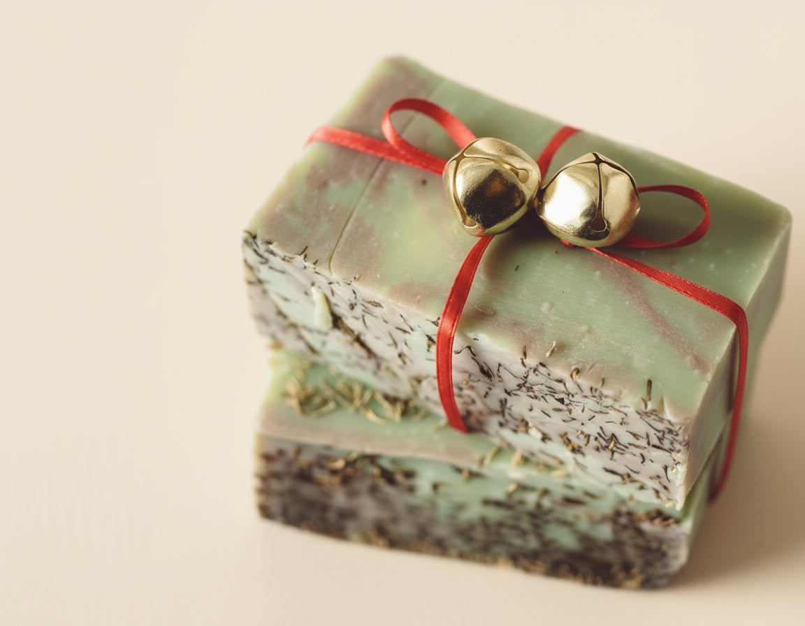 Green soap bar with gold bells and red string on a beige surface