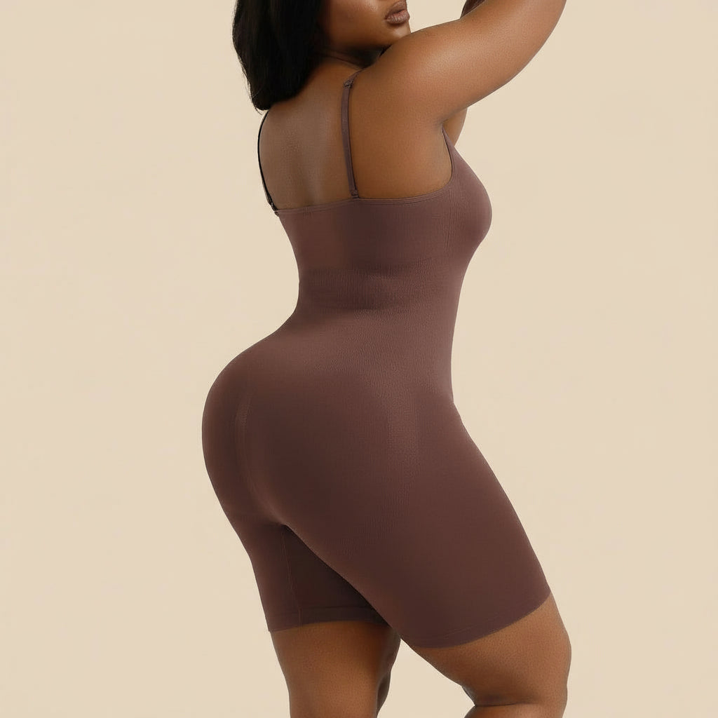 Brown shapewear garment on a model against a tan background