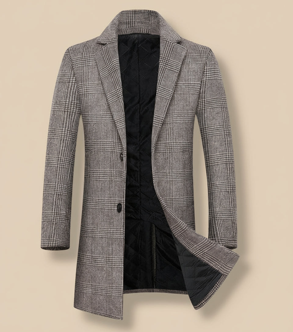 Gray checkered coat on a tan background