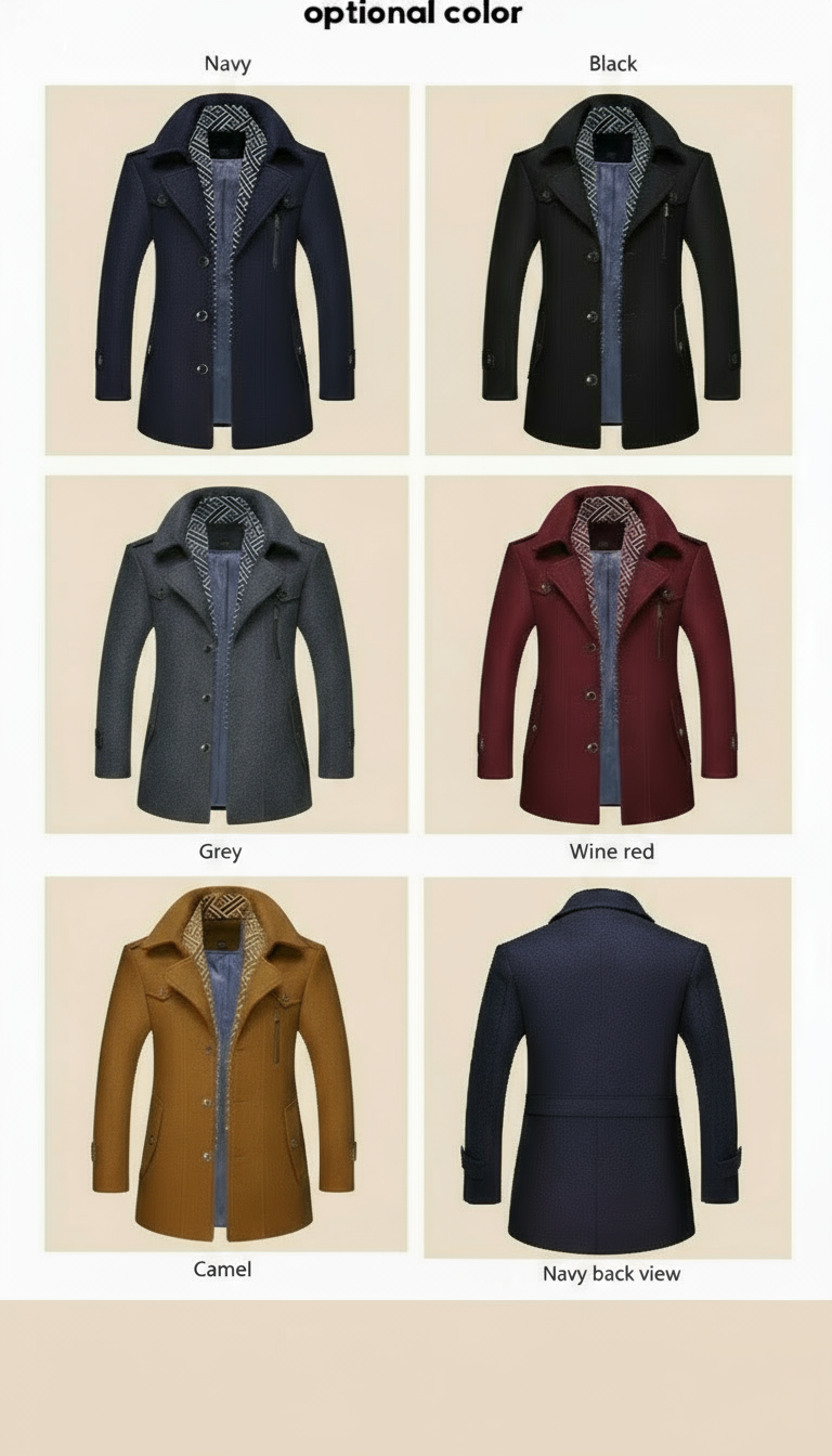 Collage of men's coats in various colors on a white background