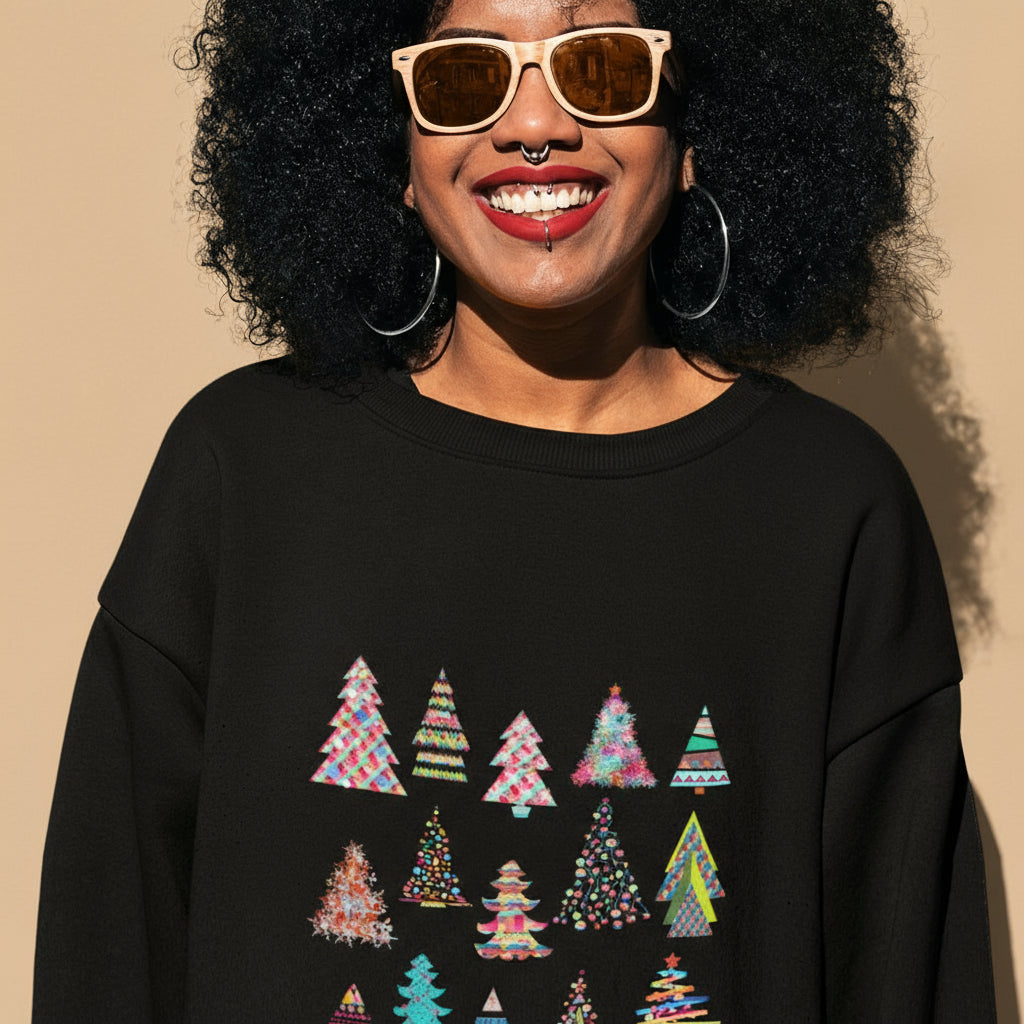 Person wearing a black sweatshirt with colorful Christmas tree patterns against a light tan background