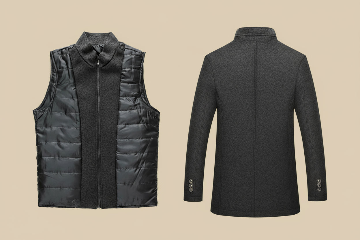 Black puffer vest and coat shown from front and back on a tan background