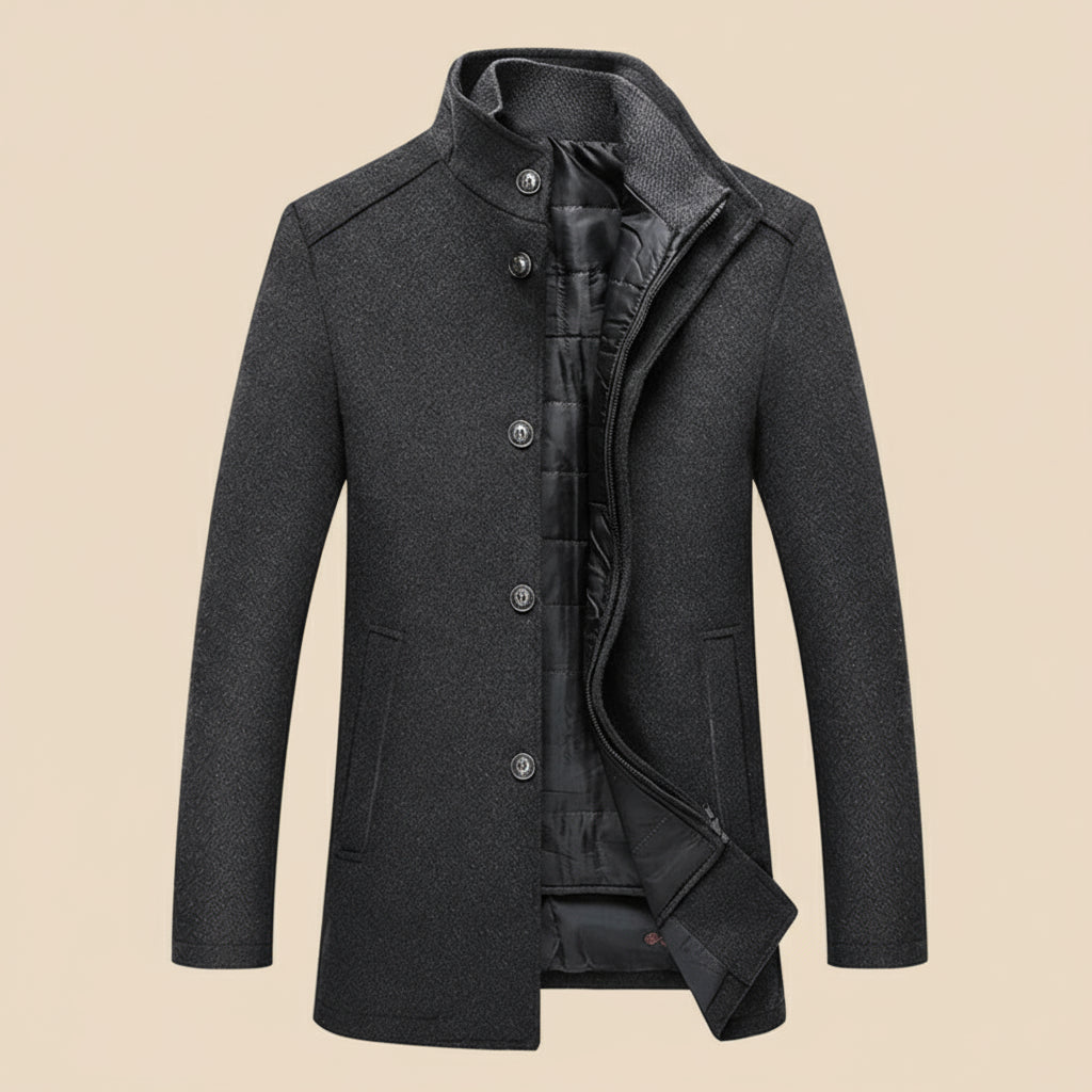 Gray coat with buttons on a tan background