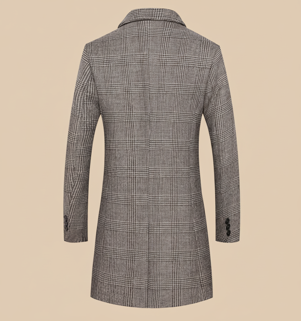 Gray checkered coat on a tan background