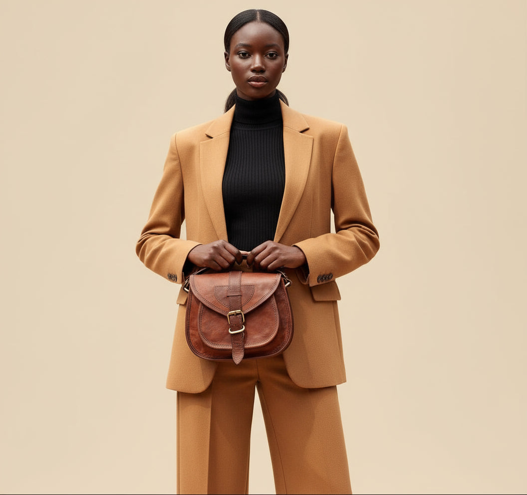 Person holding a brown leather bag outdoors