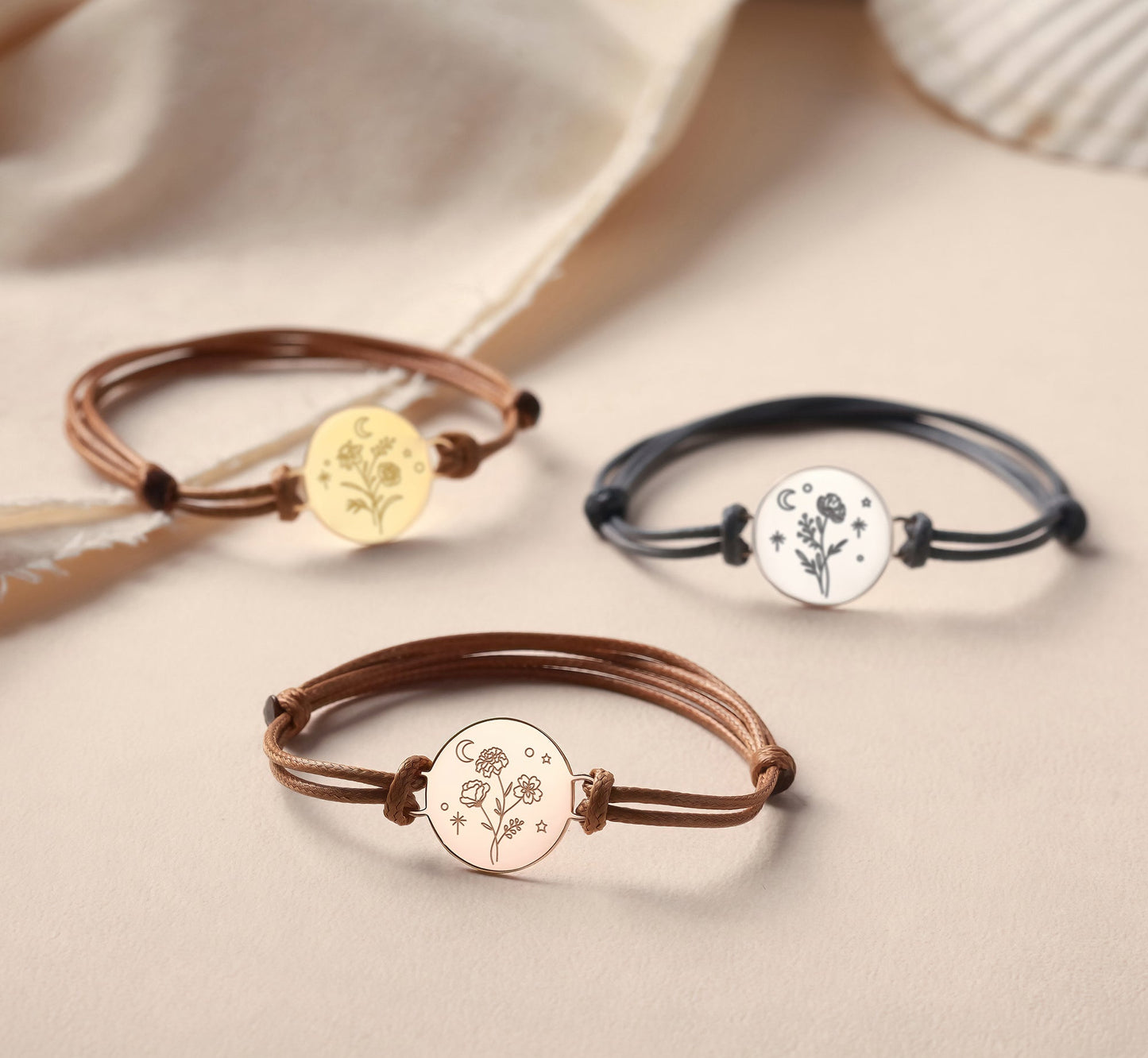 Custom Birth Flower Leather Bracelet