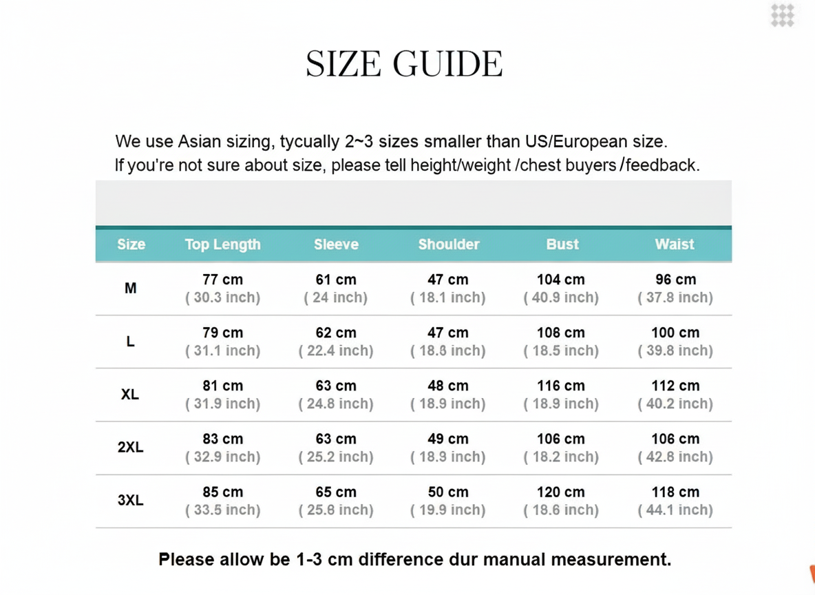 Size chart for clothing with measurements in centimeters and inches