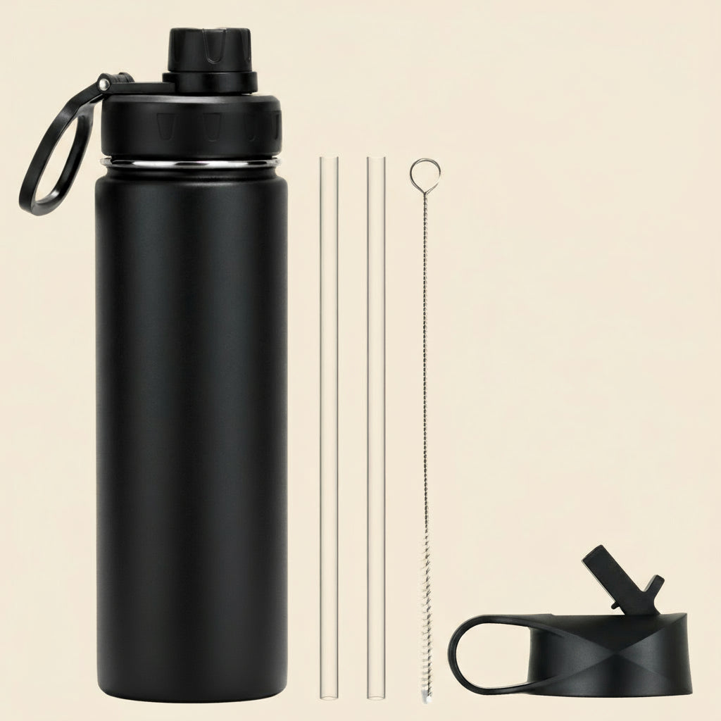 black stainless steel sport water bottle on tan background
