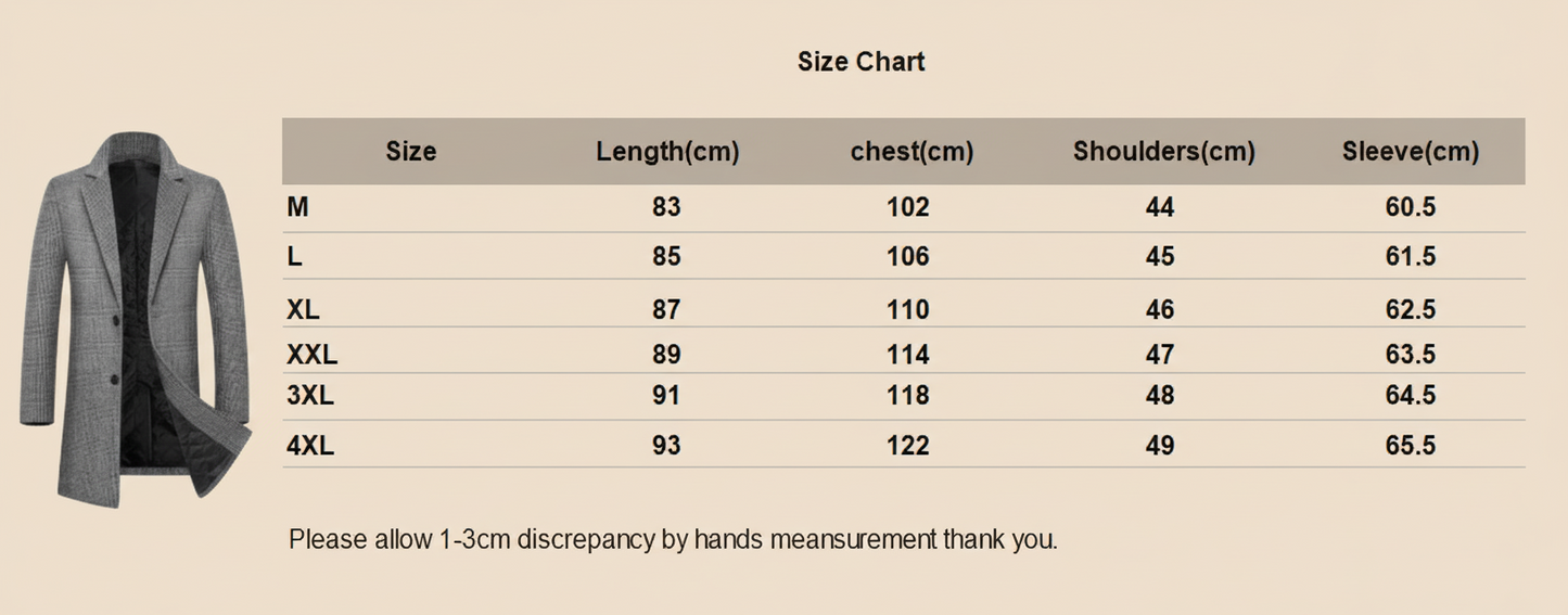 Size chart for a coat with measurements in centimeters