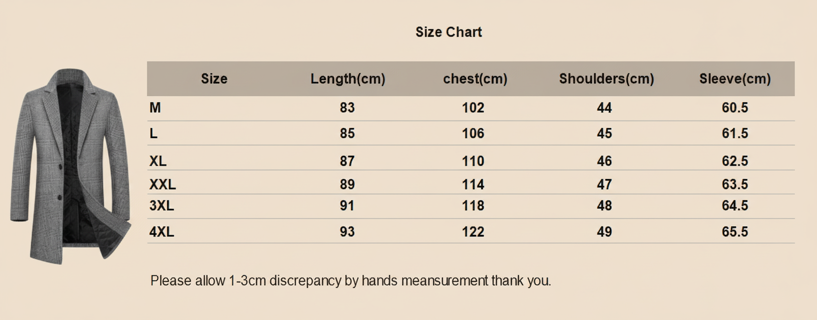 Size chart for a coat with measurements in centimeters