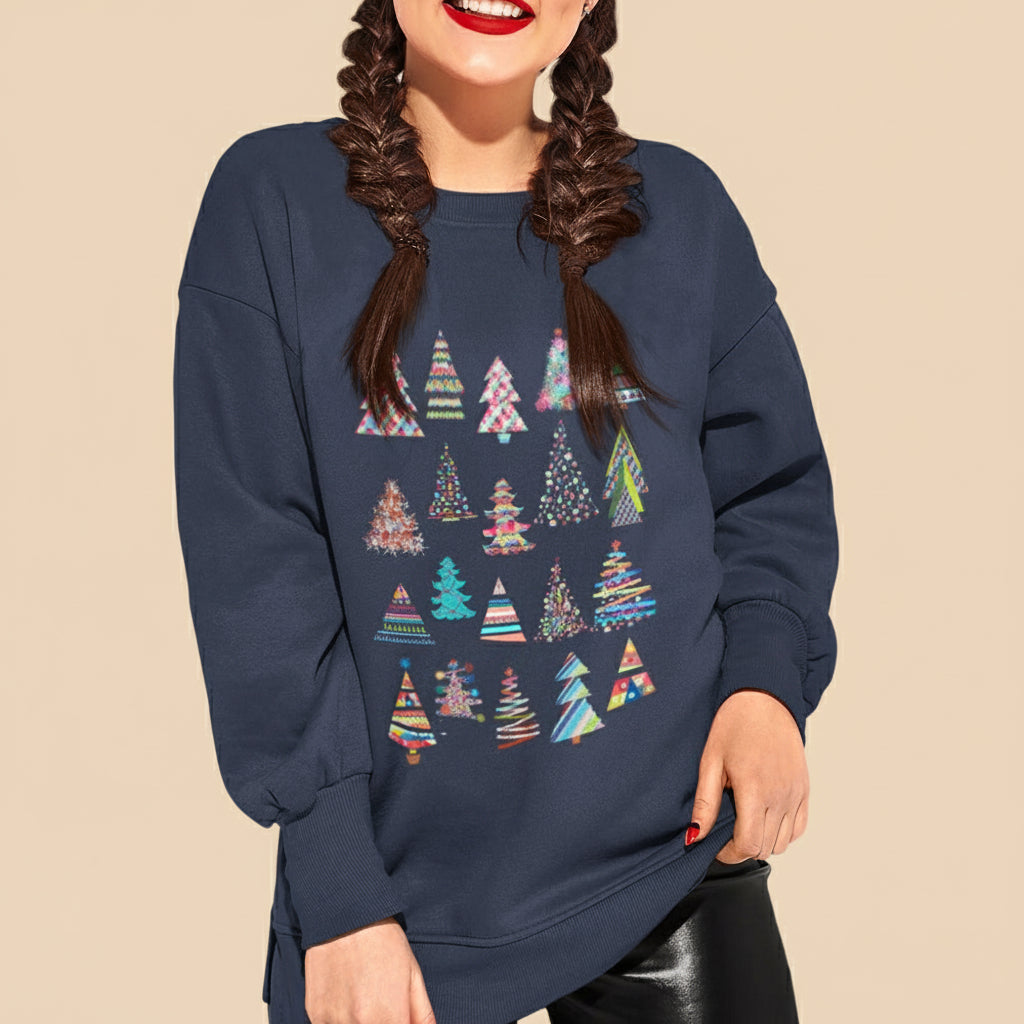 Navy blue sweatshirt with colorful Christmas tree patterns worn by a model on a white background