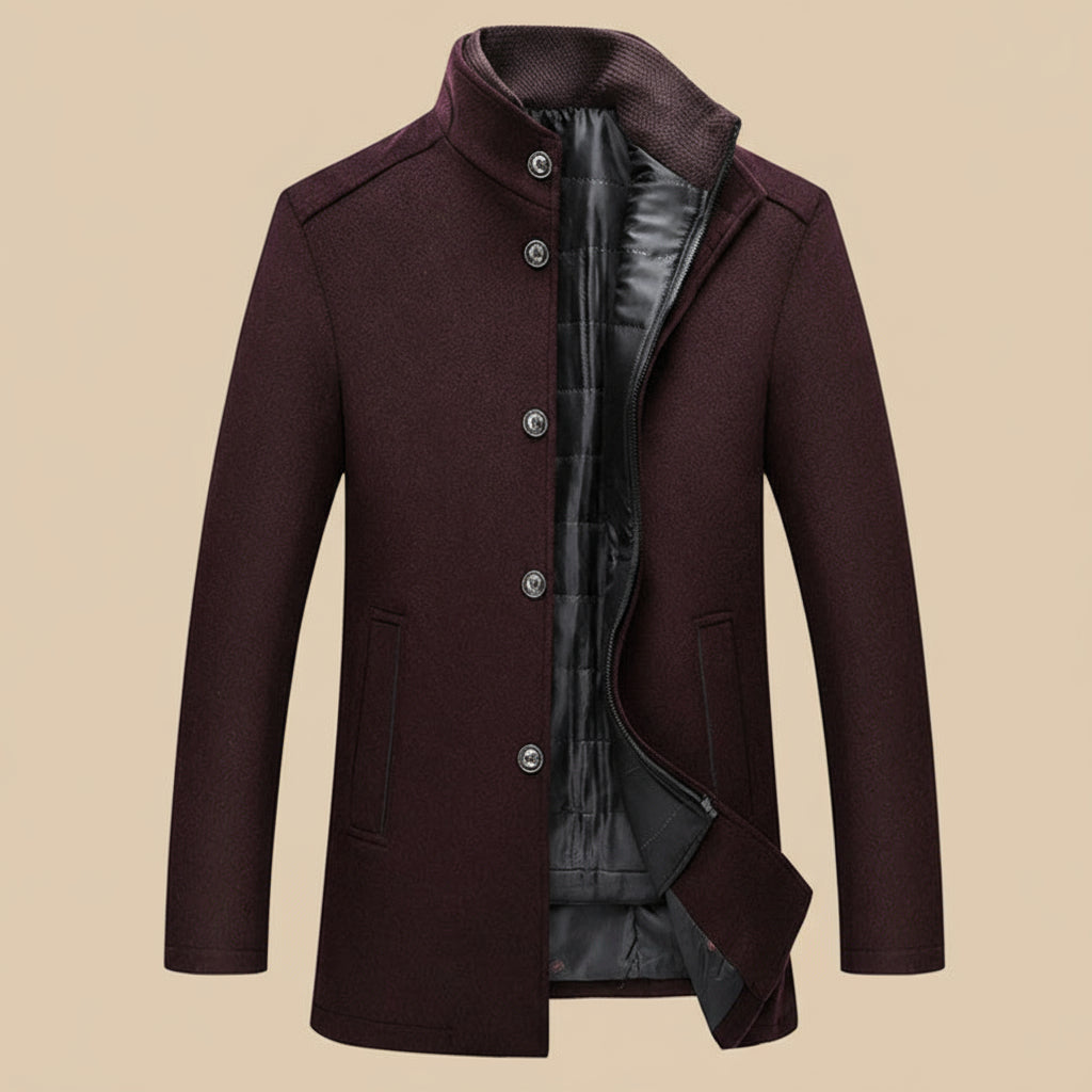 Brown coat with plaid lining on a tan background