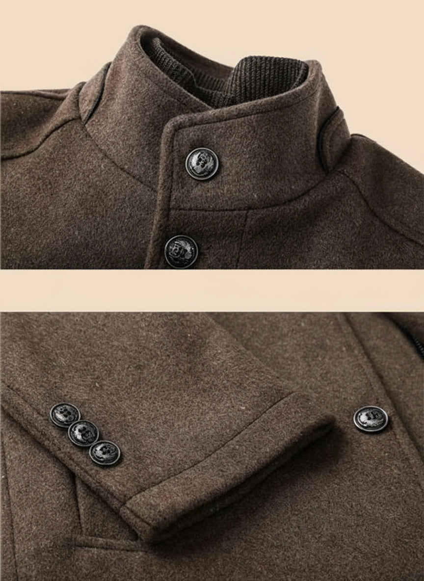 Close-up of a brown coat with buttons on a tan background