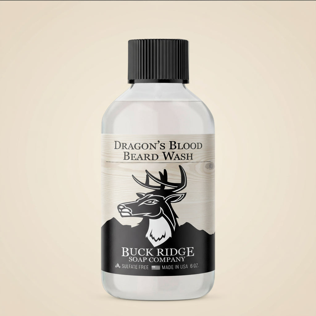 Bottle of Dragon's Blood Beard Wash from Buck Ridge Soap Company on a tan background