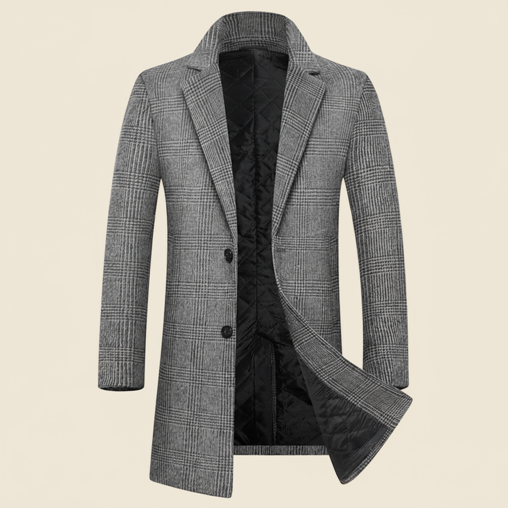 Gray checkered coat on a tan background