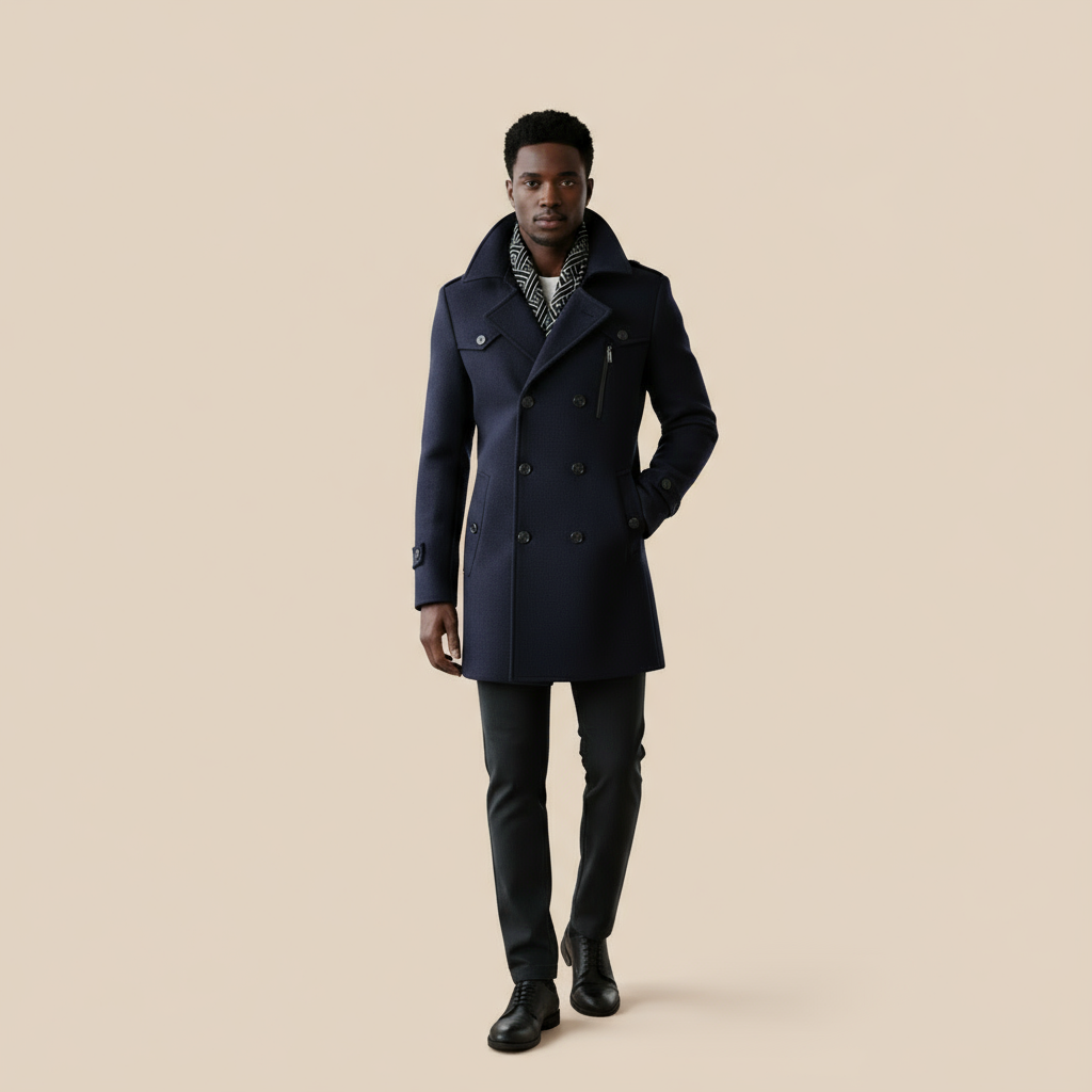 model wearing n
avy blue coat with patterned lining on a white background