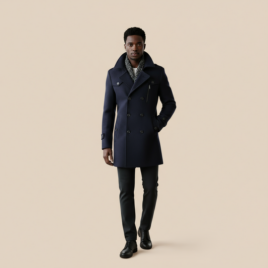 model wearing n
avy blue coat with patterned lining on a white background