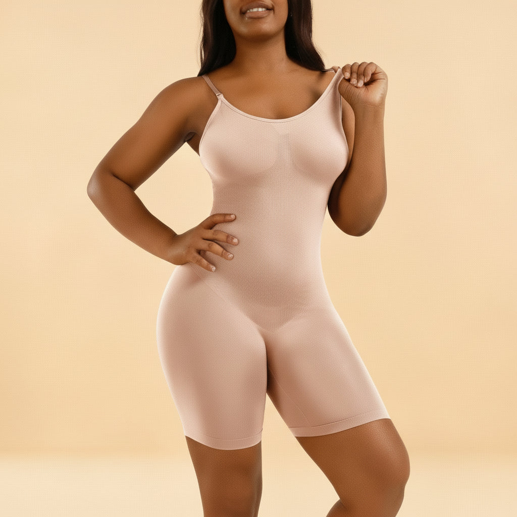 Woman wearing a beige body shaper against a tan background