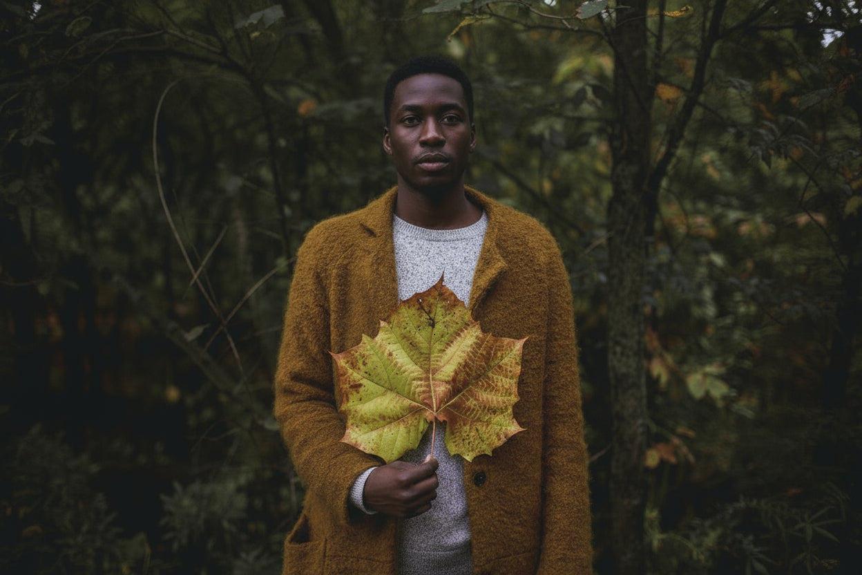 Person holding a large leaf in a forest setting