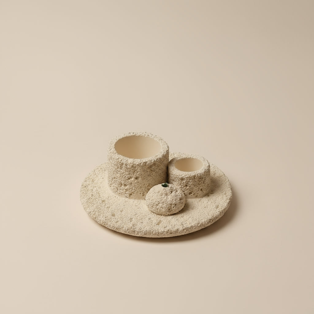 Ceramic items in front of tan background.