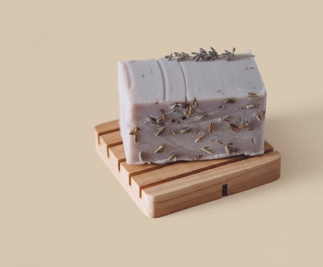 Bar of soap with visible herbs on a wooden soap dish against a light wooden background